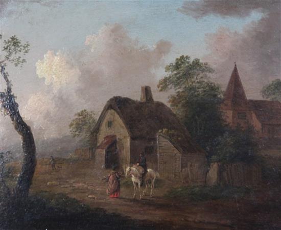 After George Morland (1763-1804) Horse riders on a lane and Boatmen beside a cottage, 7 x 9in.